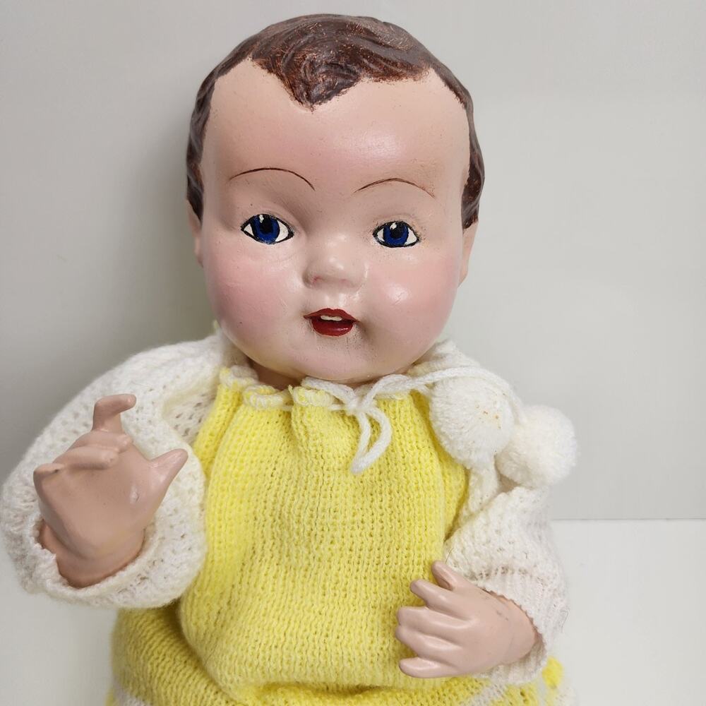 Vintage Handmade 1930's Paper-Mache Composition Baby Doll Yellow Crochet Dress